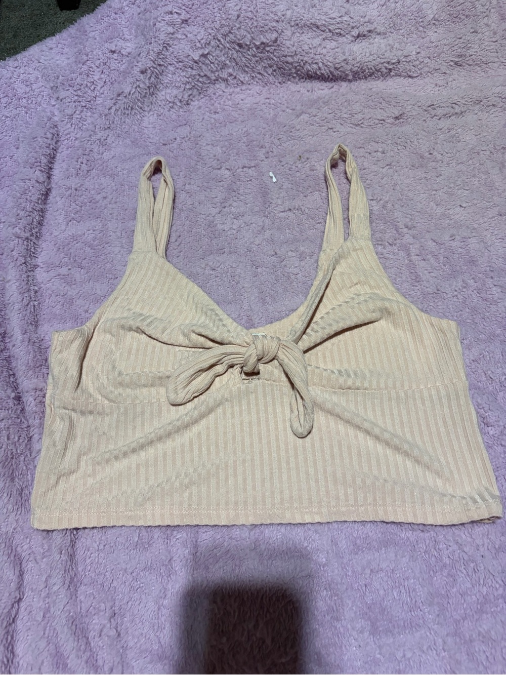 Cotton On Light Beige Ribbed Tie-Front Crop Top